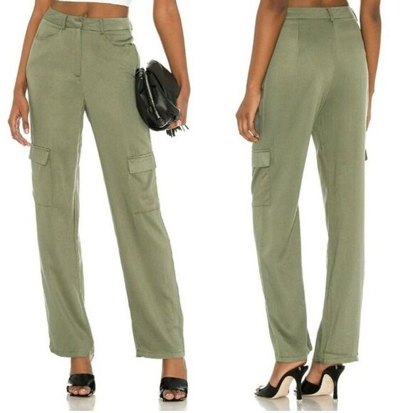 Superdown Mae Cargo Pants Womens Small Olive Green High Rise Silky Satin Tencel - Picture 1 of 16